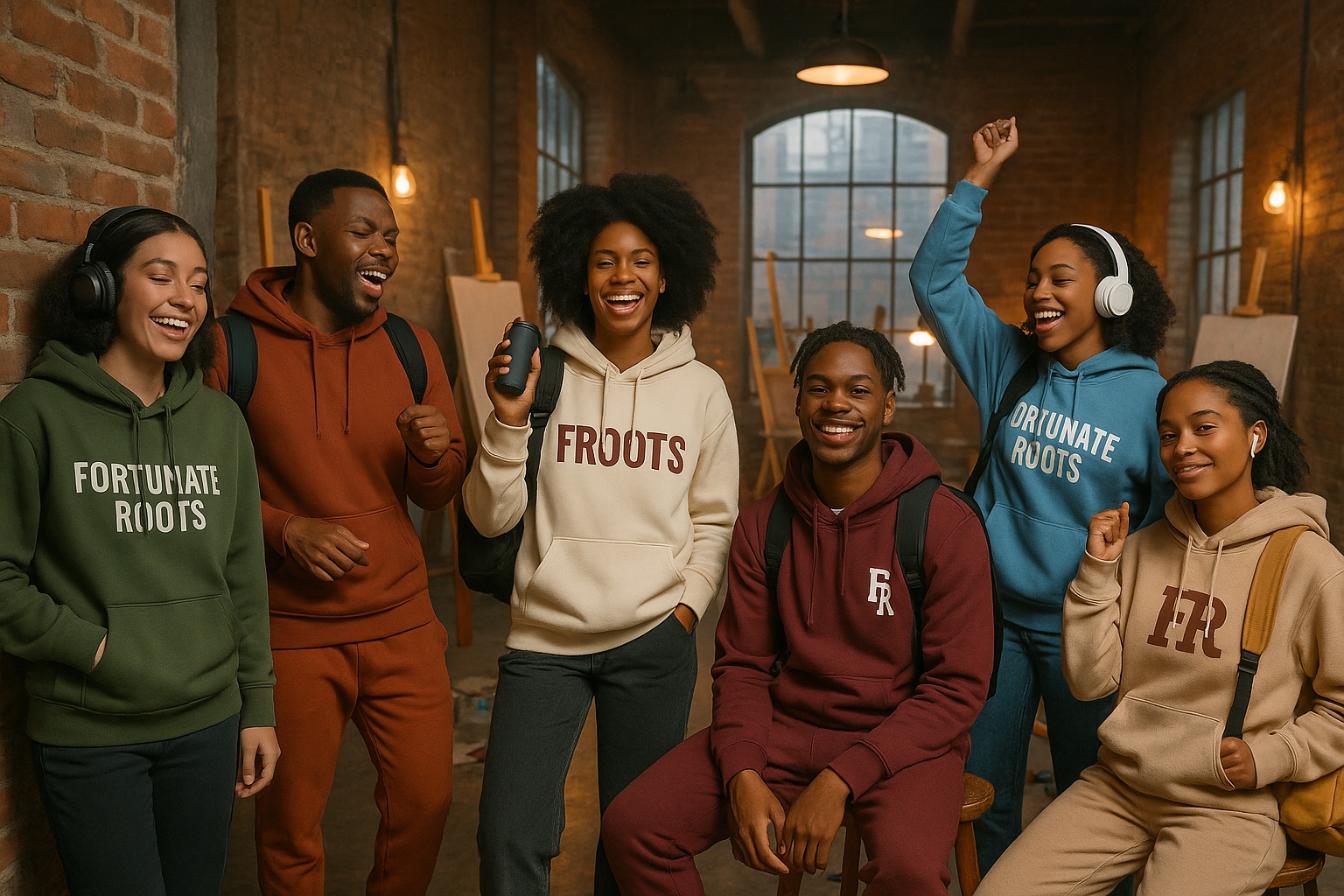 ebony models of different shades having fun wearing hoodies and sweatsuits with backpacks and the word Fortunate Roots on some and FRoots on some and the initials FR at least six models listening to music in art loft warehouse