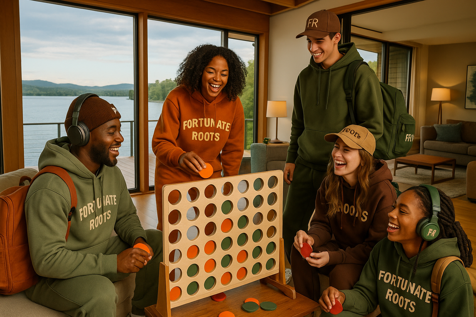 Fortunate Roots gear on different shades of models with hoodies and sweatsuits and hats with backpacks of different colors with the initials FR and FRoots listening to music and having a good time playing giant connect four with with a condo by the lake and you can see the lake thru the big picture windows in the front with a beautiful Deck